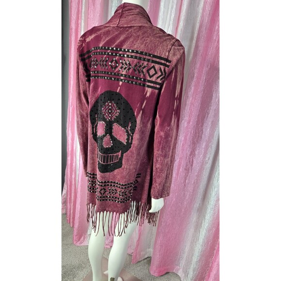Vocal Skull Crystal Maroon Aztec Fringe Cotton Cardigan Jacket Size Medium - Picture 14 of 16